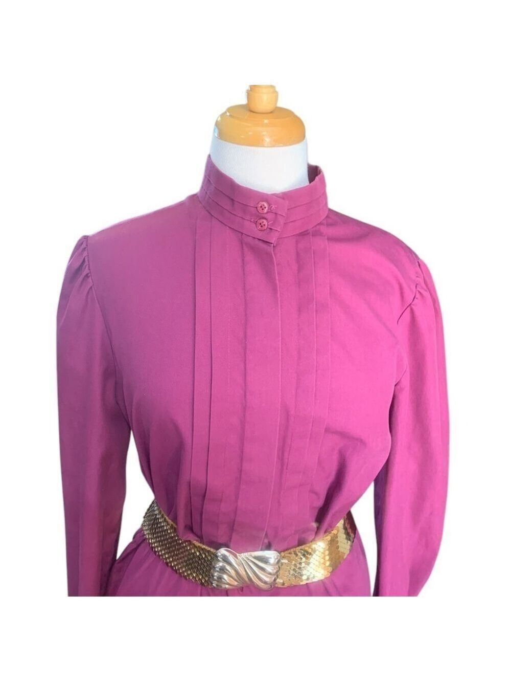 ❤️Vintage 90’s Sasson high neck puff sleeved plum button up midi dress sz 14/15 - Picture 2 of 10